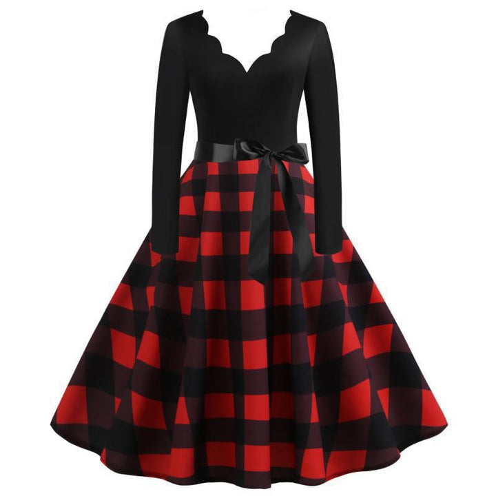Damen Retro Swingkleid mit welligem V-Ausschnitt, tailliertem Satinbindegürtel und karierter Tellerrock Drune