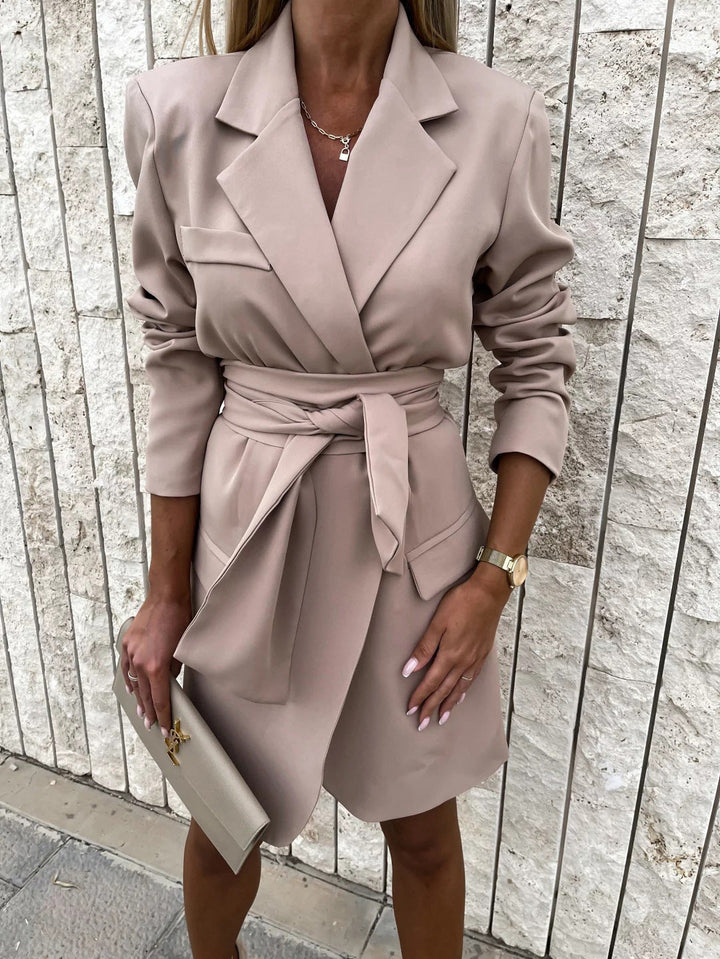 Damen elegantes Mikrokleid mit Gürtel und Taschen Drune