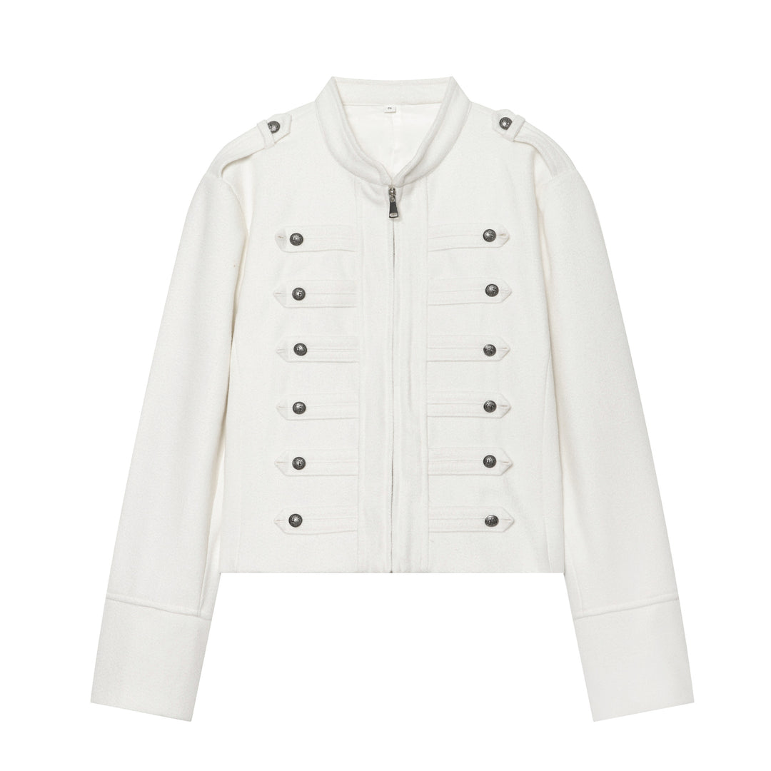 Damen nan militärisch inspirierte Wolljacke mit Stehkragen Zipper und dekorativen Knopfleisten Drune