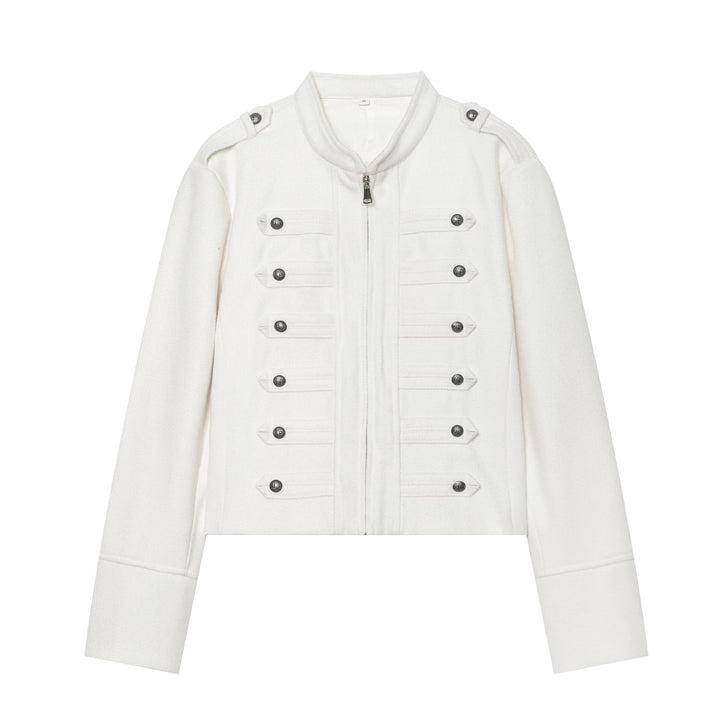 Damen nan militärisch inspirierte Wolljacke mit Stehkragen Zipper und dekorativen Knopfleisten Drune