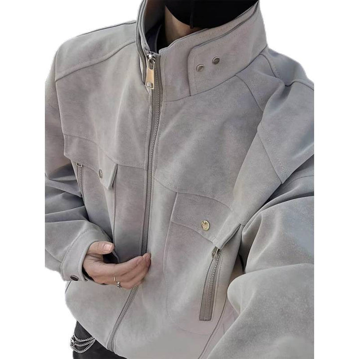 Herren Oversized Wildleder-Optik Utility-Jacke mit hohem Stehkragen Drune
