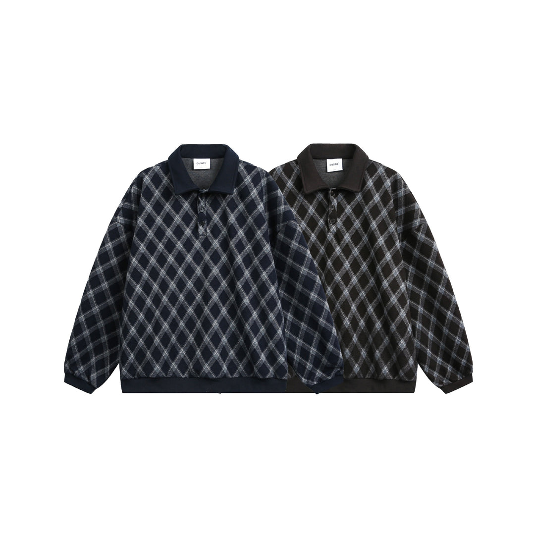 Damen Karierter Oversize‑Polo‑Pullover mit Halbknopfleiste und Rippbündchen Drune