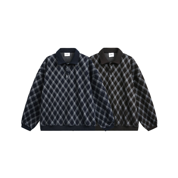 Damen Karierter Oversize‑Polo‑Pullover mit Halbknopfleiste und Rippbündchen Drune