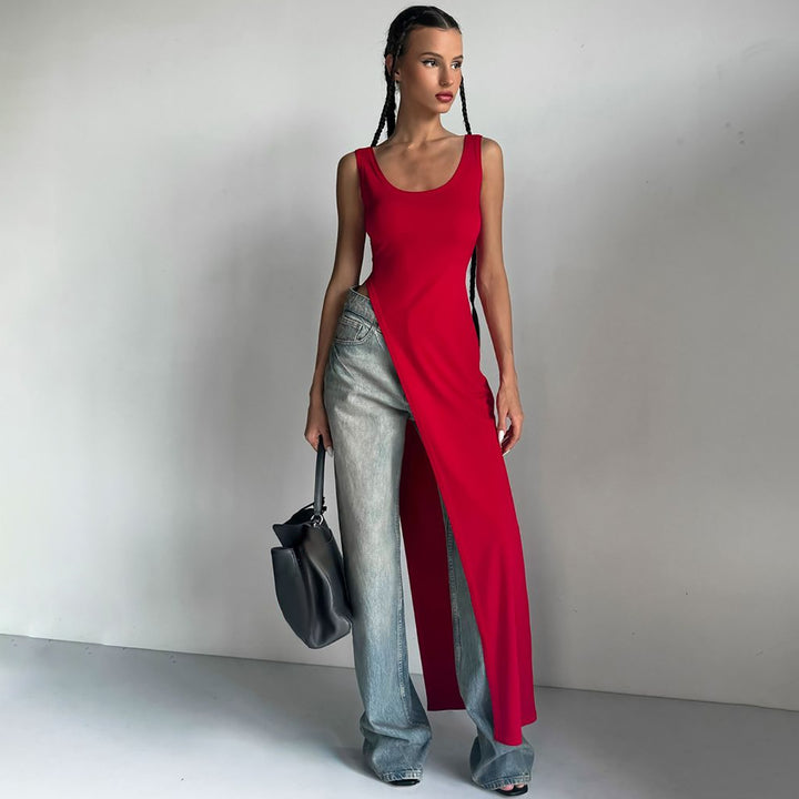 Damen Langarm Maxikleid mit hohem Schlitz Drune