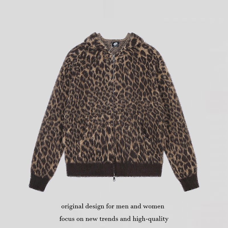 Damen Kuschel-Strickjacke mit Reißverschluss und Leopardenjacquard Drune