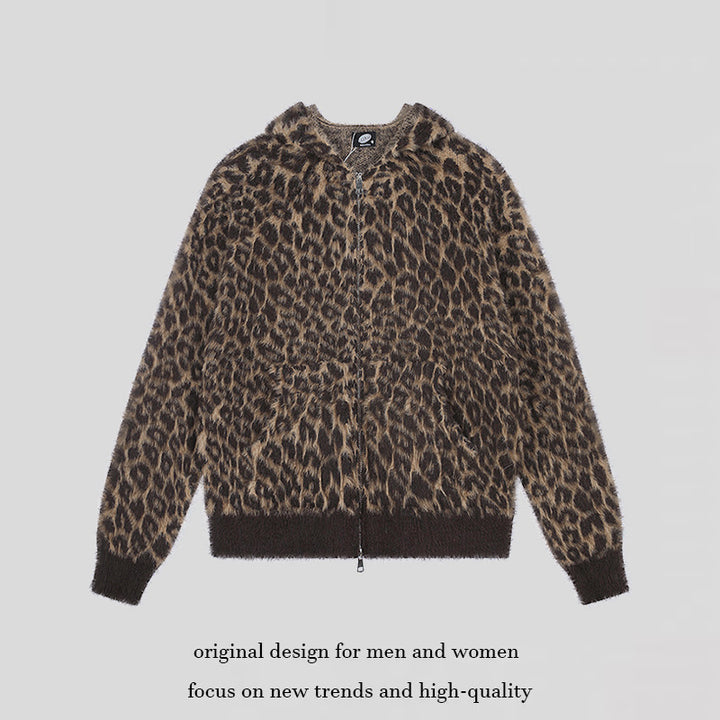 Damen Kuschel-Strickjacke mit Reißverschluss und Leopardenjacquard Drune