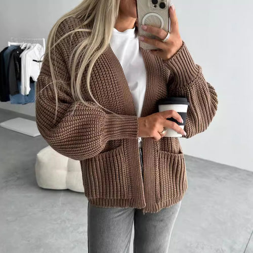 Damen moderne Strickjacke mit voluminösen Ärmeln und Taschen Drune