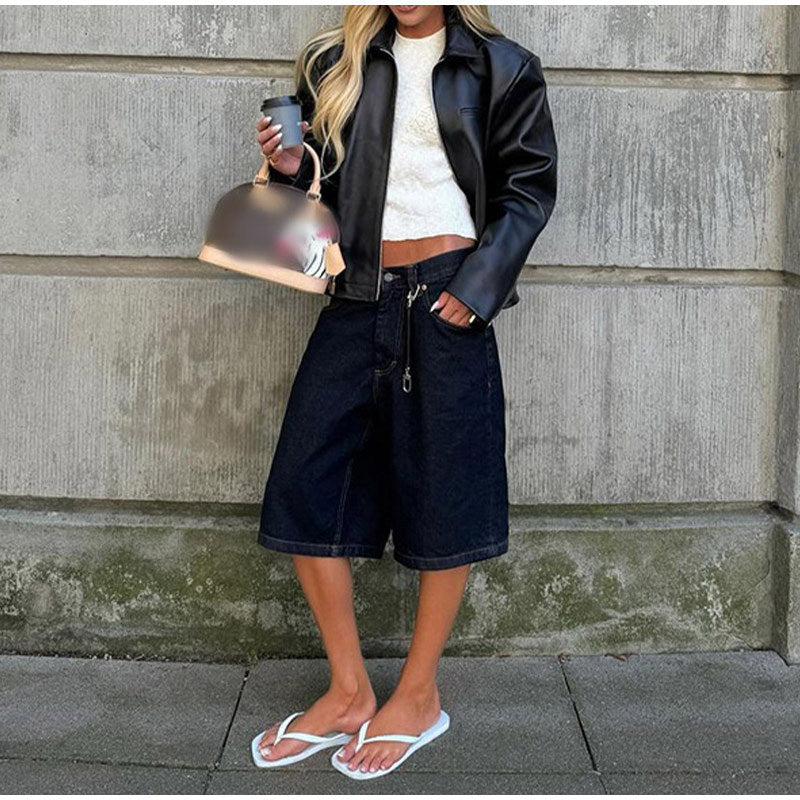 Damen Modische Kunstlederjacke mit elastischem Schnitt und praktischen Taschen Drune