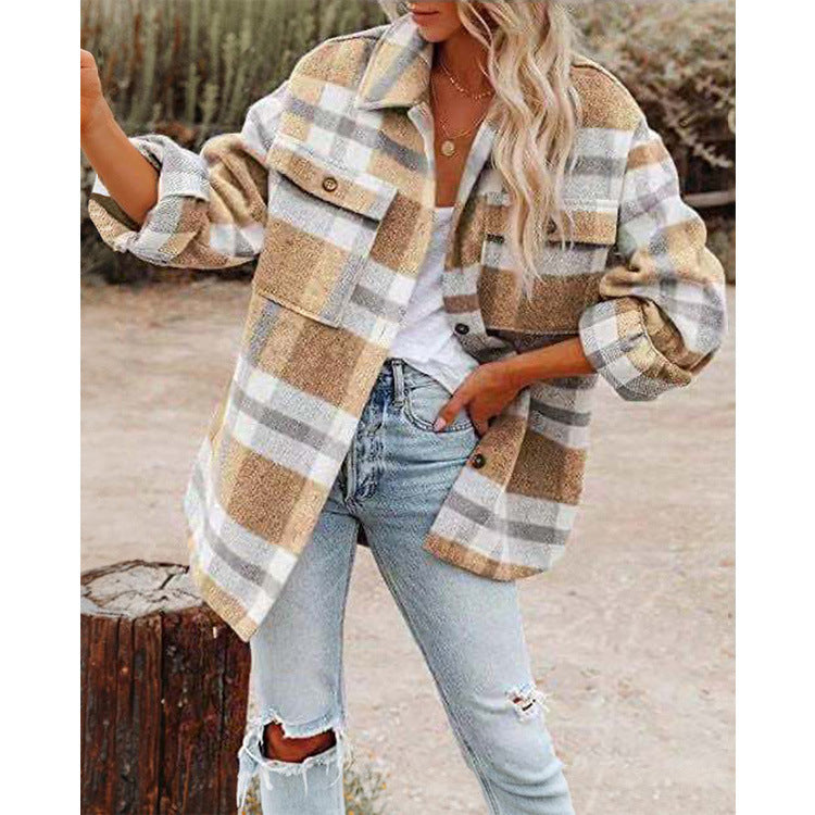 Damen Oversize-Karo-Hemdjacke mit Brusttaschen und weichem Flanell Drune