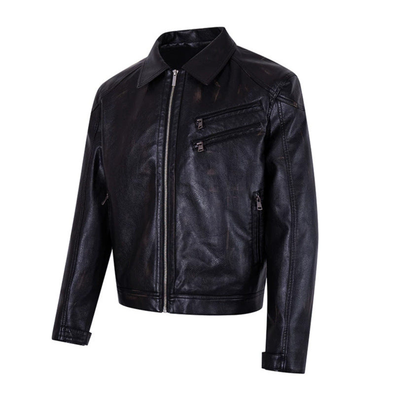 Herren Taillierte Bikerjacke aus Lederimitat mit Hemdkragen, Reißverschluss und diagonalen Brusttaschen Drune