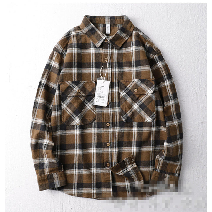 Herren Oversize Kariertes Flanell-Hemdjacke mit aufgesetzten Pattentaschen Drune