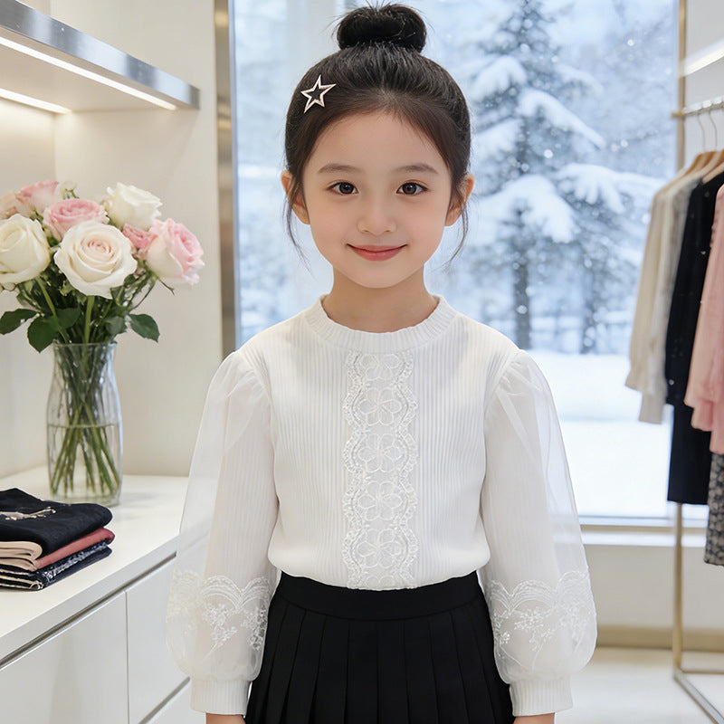 Mädchen elegante Bluse mit transparenten Puffärmeln und zarter Blumenstickerei Drune