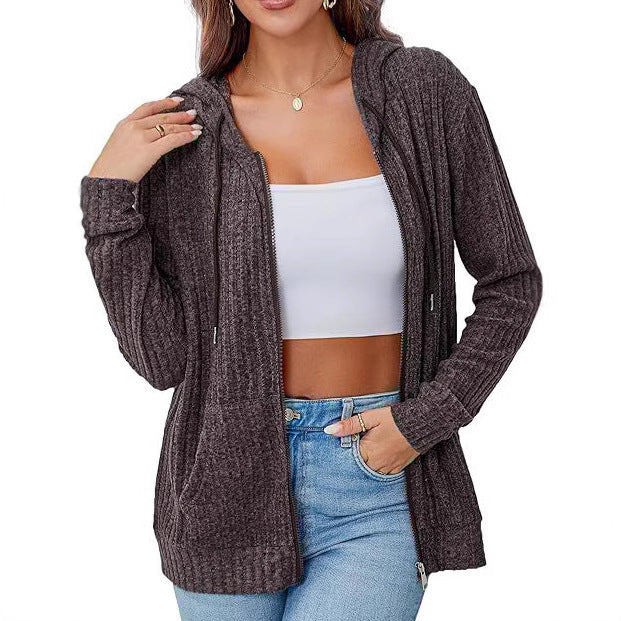 Damen Strick-Kapuzenjacke mit Reißverschluss, Waffelstruktur und Eingrifftaschen Drune