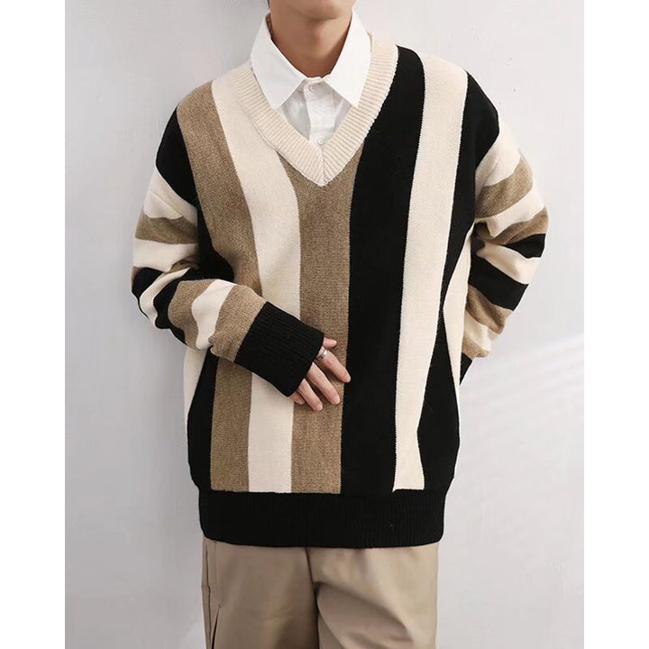 Herren Modischer Grobstrickpullover mit V-Ausschnitt Drune