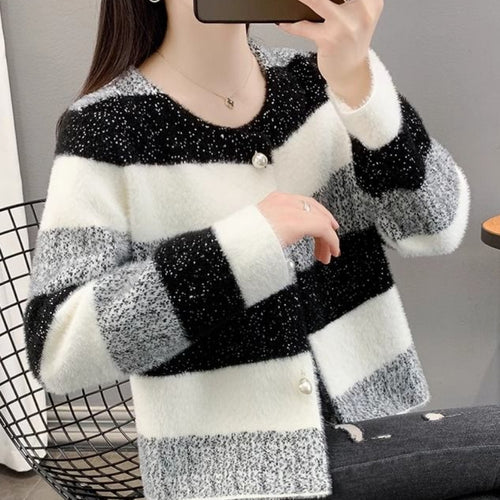 Damen Flauschiger Grobstrick-Cardigan mit Perlenknöpfen Drune