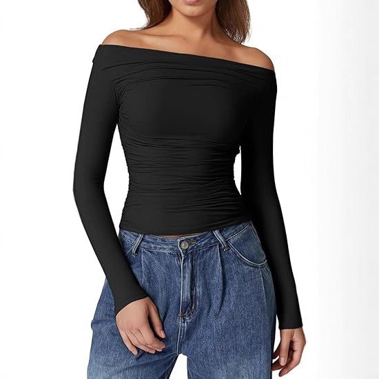 Damen Schulterfreies tailliertes Stretch-Longsleeve mit Raffung und figurbetonter Silhouette Drune