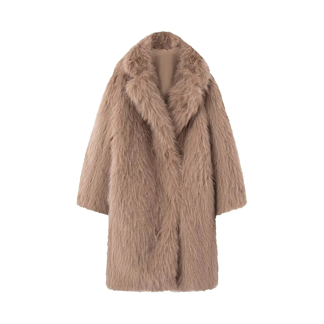 Damen nan langer kuscheliger Kunstfellmantel mit voluminösem Schalkragen und Oversize‑Silhouette Drune
