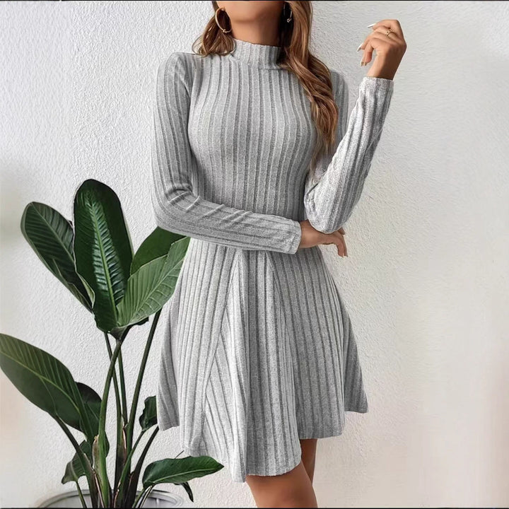 Damen Geripptes Strickkleid mit Stehkragen, taillierter A‑Linie und langen Ärmeln Drune