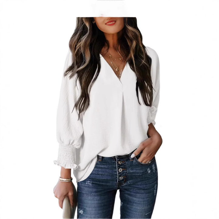 Damen V-Ausschnitt Bluse mit elastischen Ärmelbünden Drune