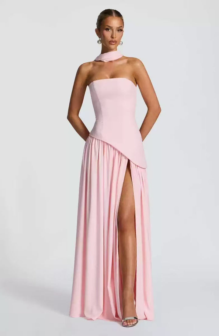 Damen Bodenlanges Maxikleid mit schulterfreiem Design und elegantem Schlitz Drune