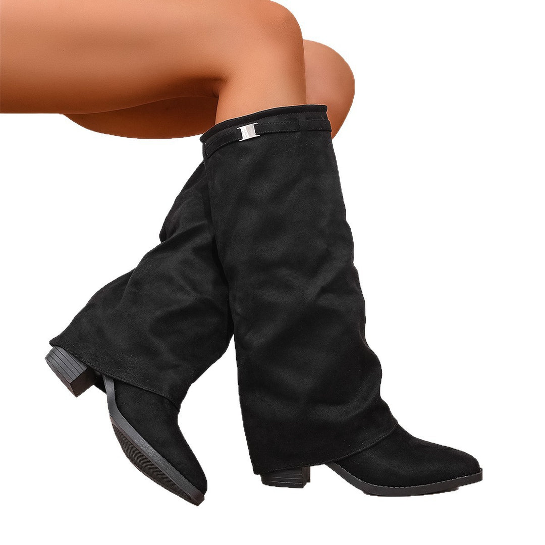 Damen nan knielange Slouch-Stiefel mit spitzer Zehenpartie und niedrigem Blockabsatz Drune