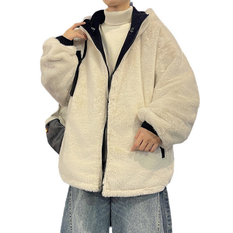 Herren Oversize Kapuzenjacke mit Teddyfutter, Zwei-Wege-Reißverschluss und Utility-Taschen Drune