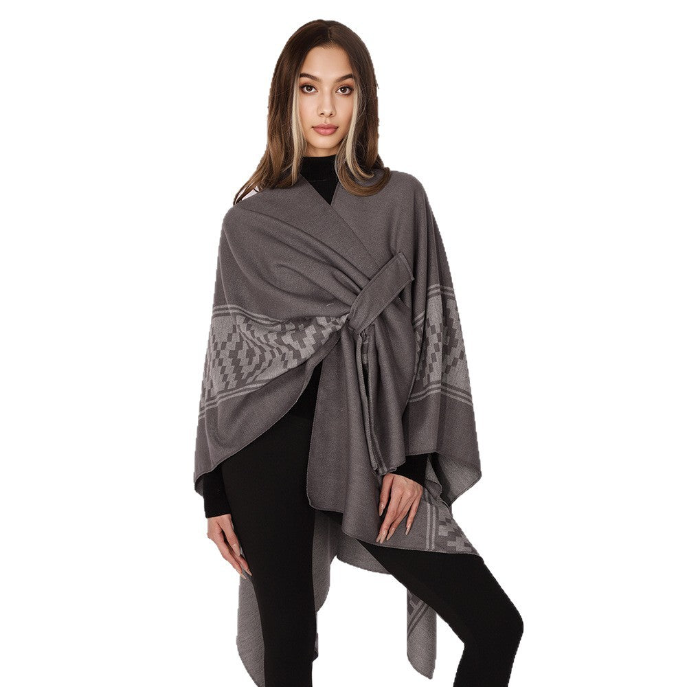 Damen Jacquard‑Ruana mit Bindegürtel und geometrischem Muster Drune