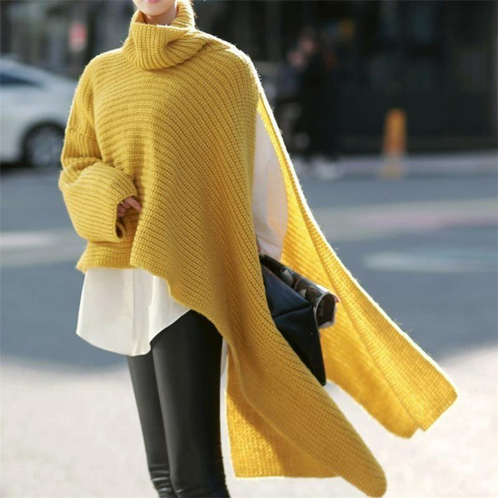 Damen Asymmetrischer Rollkragen-Poncho mit seitlichem Cape-Detail Drune