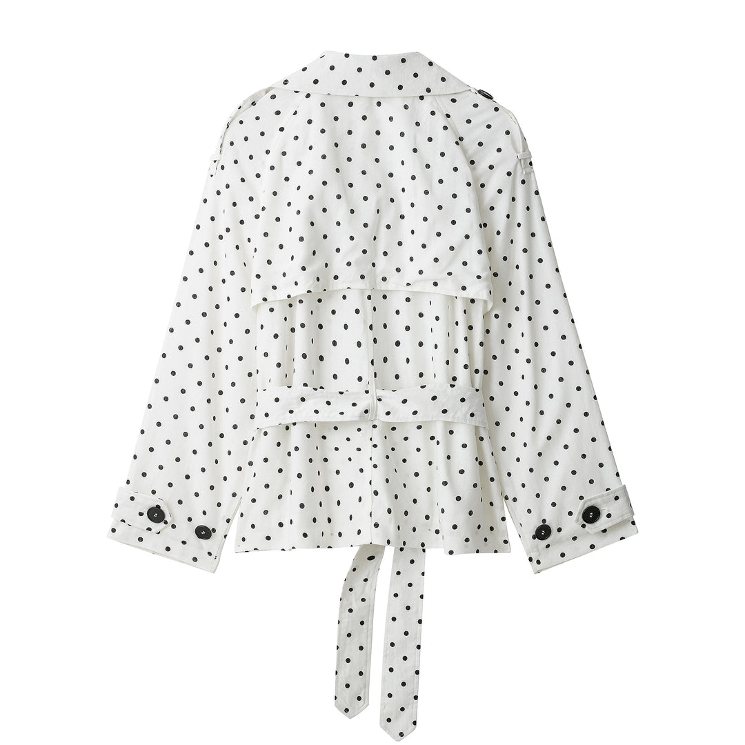 Damen Gepunkteter Cropped Trenchcoat mit Taillengürtel und doppelreihiger Knopfleiste Drune