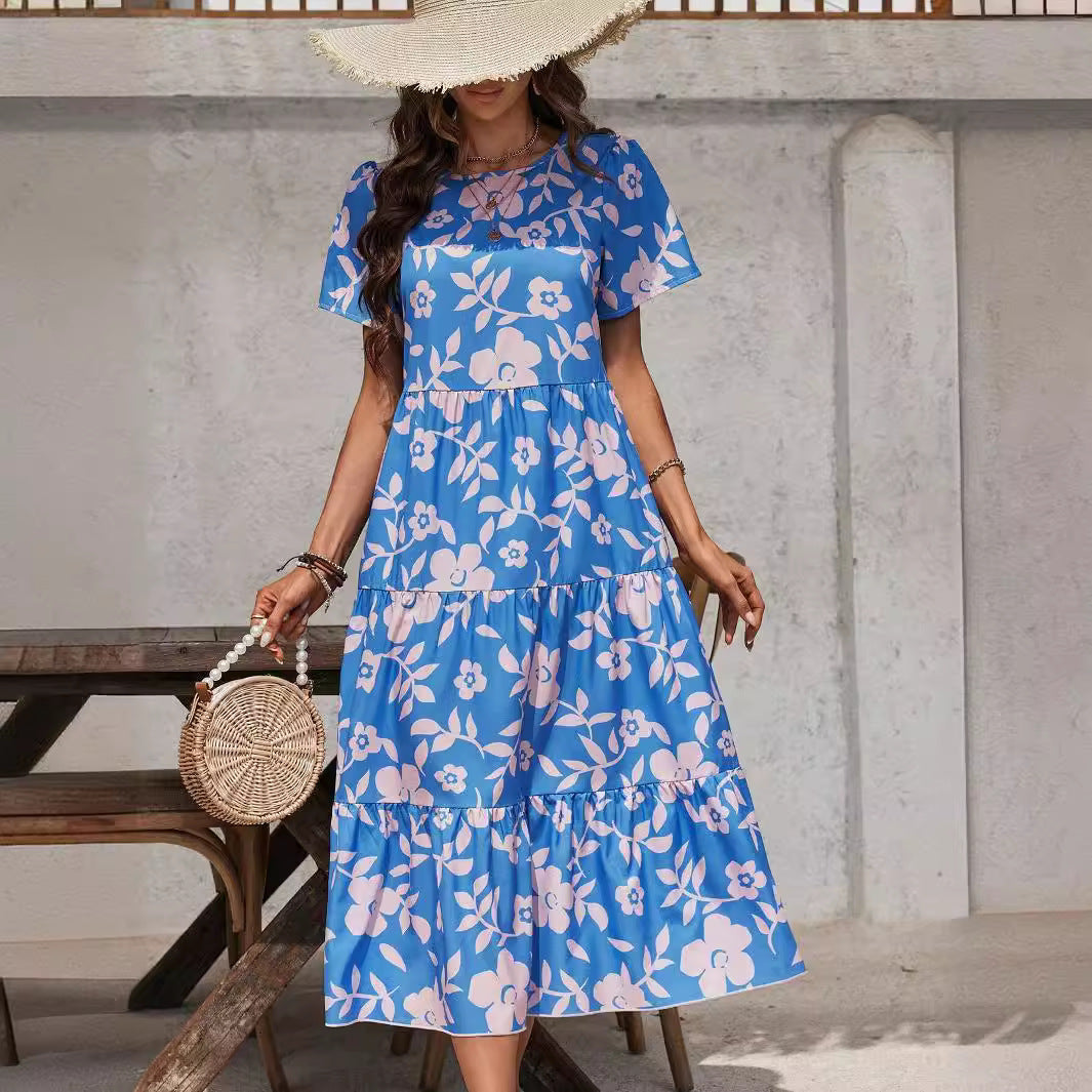 Damen nan luftiges Stufenmidikleid mit hoher Taillennaht, kurzem Ärmel und durchgehendem Blumenmuster Drune
