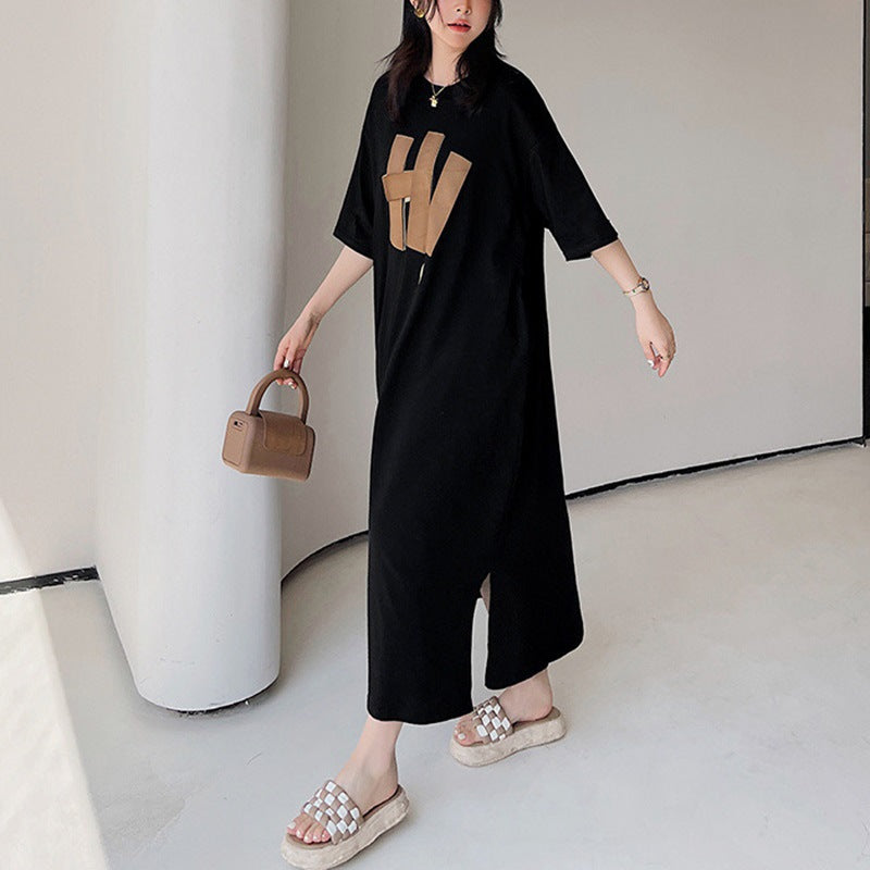 Damen Langarmkleid mit kreativem Grafikdruck und lockerem Schnitt