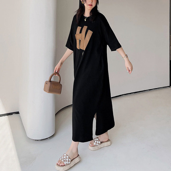 Damen Langarmkleid mit kreativem Grafikdruck und lockerem Schnitt
