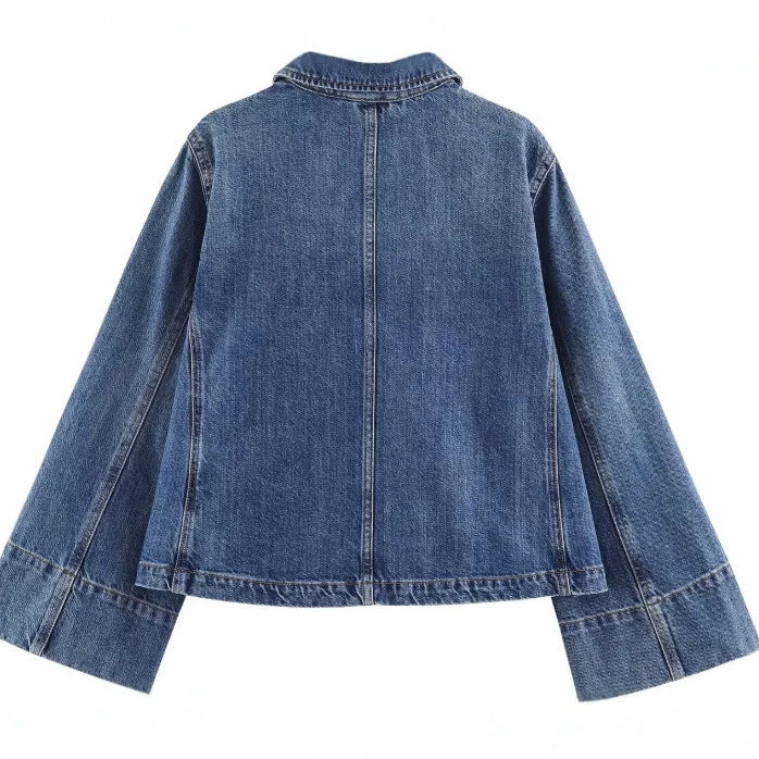 Damen Kurzer Boxy-Jeansblouson mit oversized Manschetten und aufgesetzten Taschen Drune