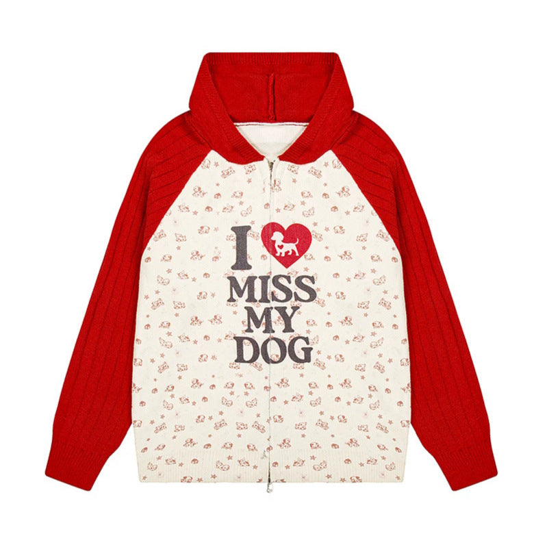 Damen Kapuzen‑Strickjacke mit durchgehendem Reißverschluss, gerippten Ärmeln und Hunde‑Statement‑Print Drune