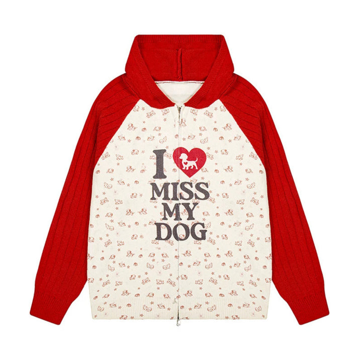 Damen Kapuzen‑Strickjacke mit durchgehendem Reißverschluss, gerippten Ärmeln und Hunde‑Statement‑Print Drune