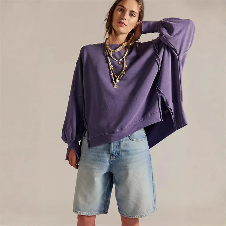 Damen oversized Sweatshirt mit Ballonärmeln, offenen Saumnähten und seitlichen Schlitzen Drune
