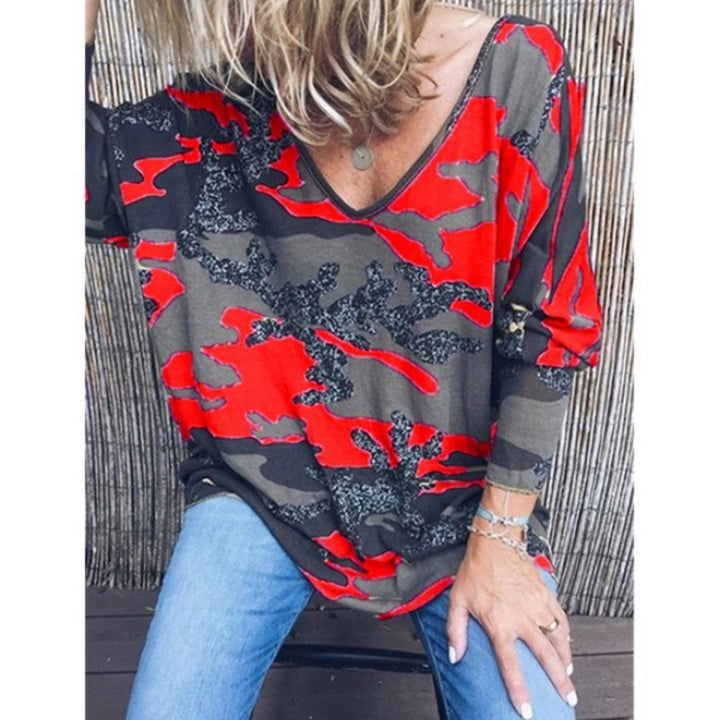 Damen Oversize V‑Ausschnitt Longshirt mit Camouflage‑Print und Glitzerbesatz Drune