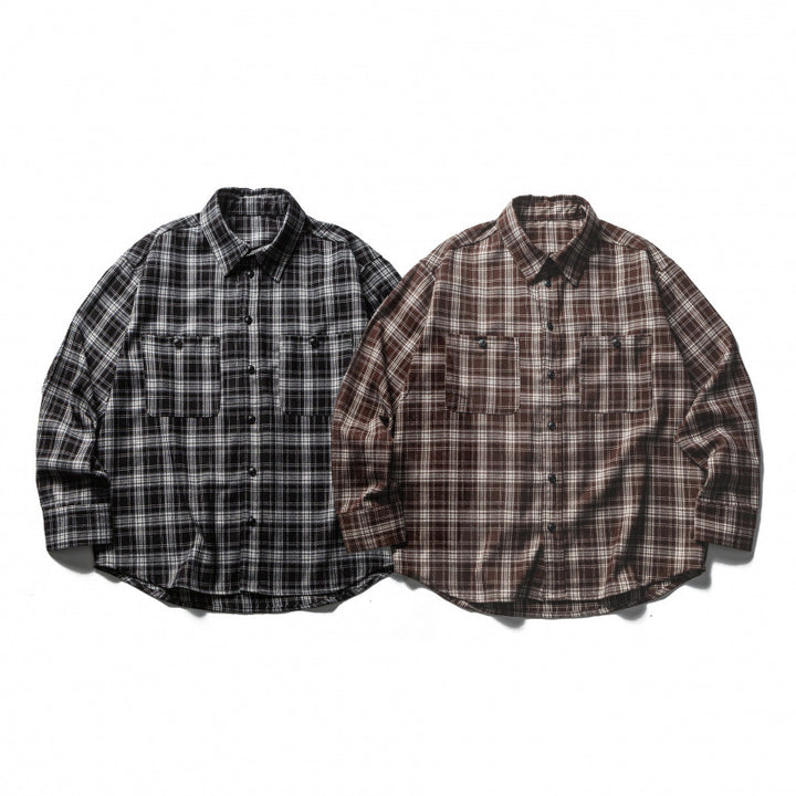Herren Boxy-Flanell-Überhemd mit Karomuster, durchgehender Knopfleiste und gerundetem Saum Drune