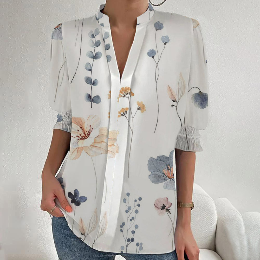 Damen Blumenprint Tunika-Bluse mit Stehkragen, geschlitzter V‑Blende und gerafften 3/4-Ärmeln Drune