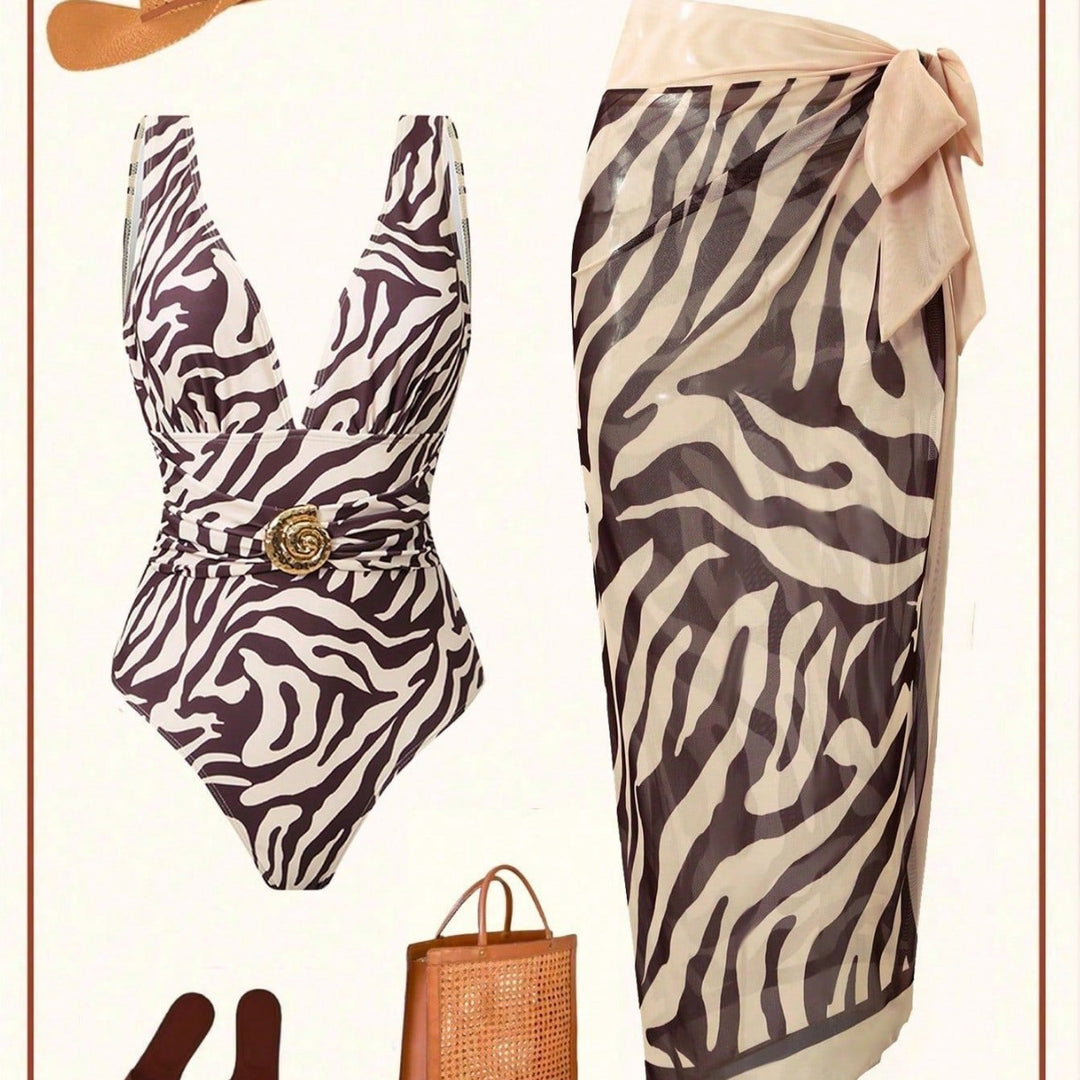 Damen Eleganter Strandmode-Anzug mit tiefem V-Ausschnitt und Gürtel Drune