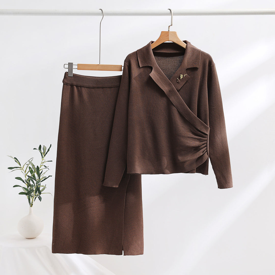 Damen elegantes Strickensemble mit Wickeloberteil und raffinierter hoher Taillierung Drune