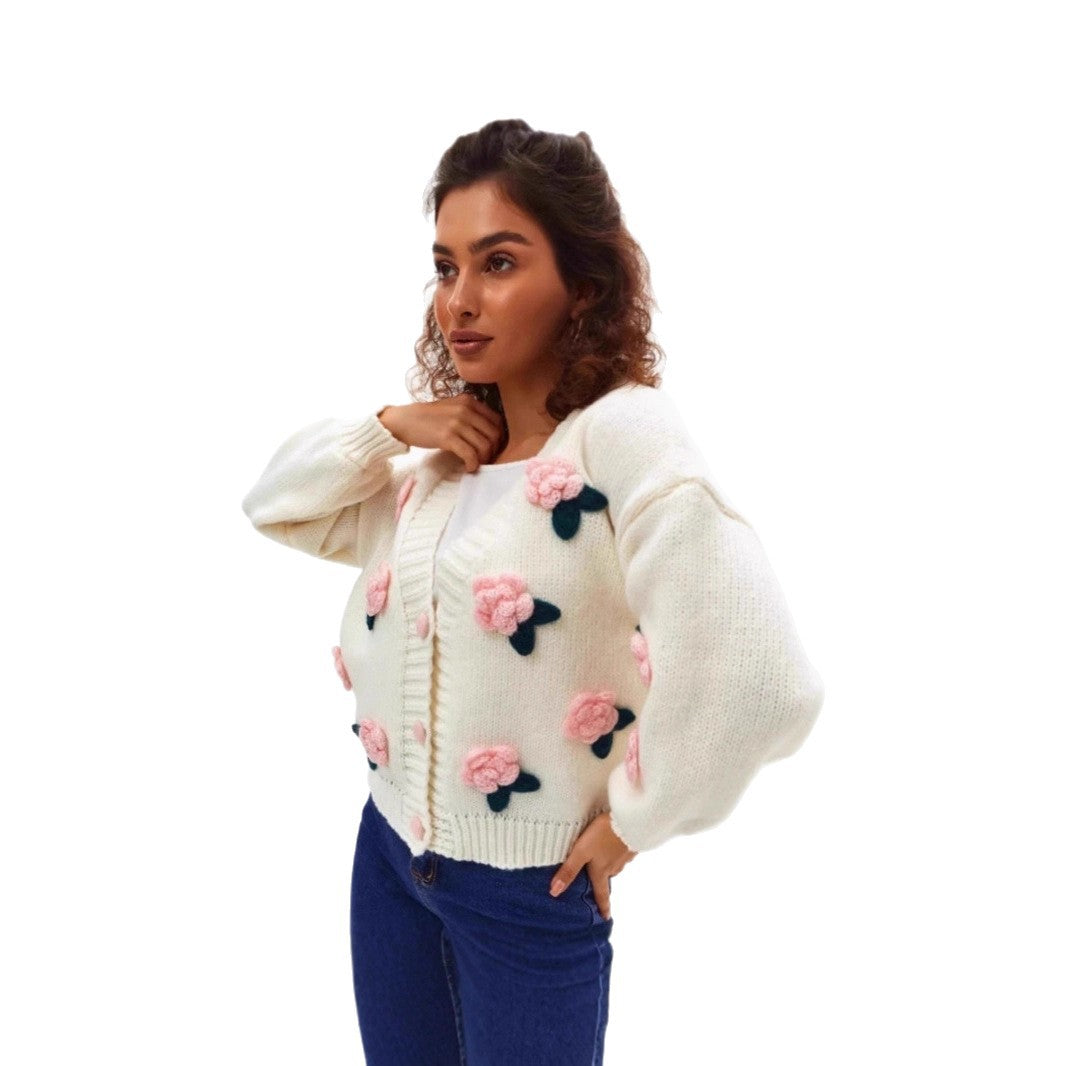 Damen Kuschelige Strickjacke mit Blumenapplikationen Drune
