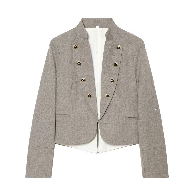 Damen Kurzblazer im Military‑Stil mit Stehkragen, doppelreihiger Zierknopfleiste und taillierter Silhouette Drune