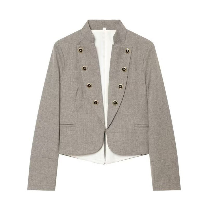 Damen Kurzblazer im Military‑Stil mit Stehkragen, doppelreihiger Zierknopfleiste und taillierter Silhouette Drune