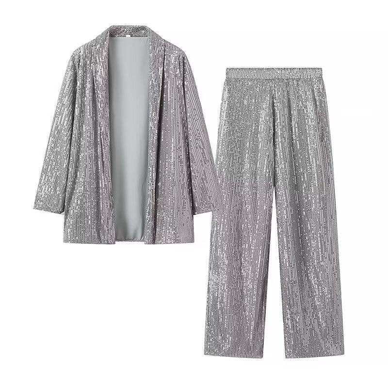 Damen nan festliches Pailletten-Zweiteiler mit offenem Kimono-Blazer und elastischer Plisseehose Drune
