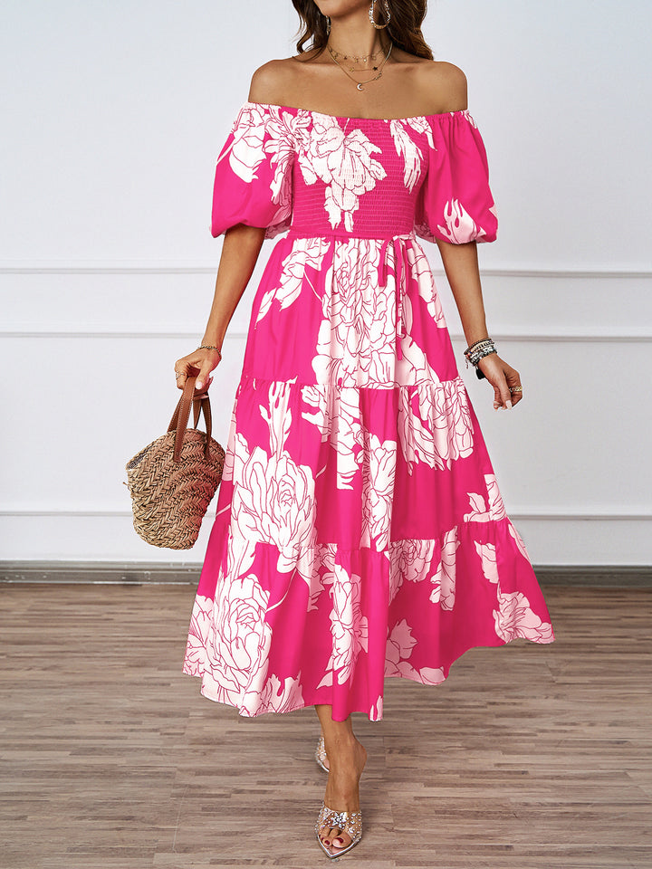 Damen Off-Shoulder Maxikleid mit voluminösen Ärmeln und print Drune
