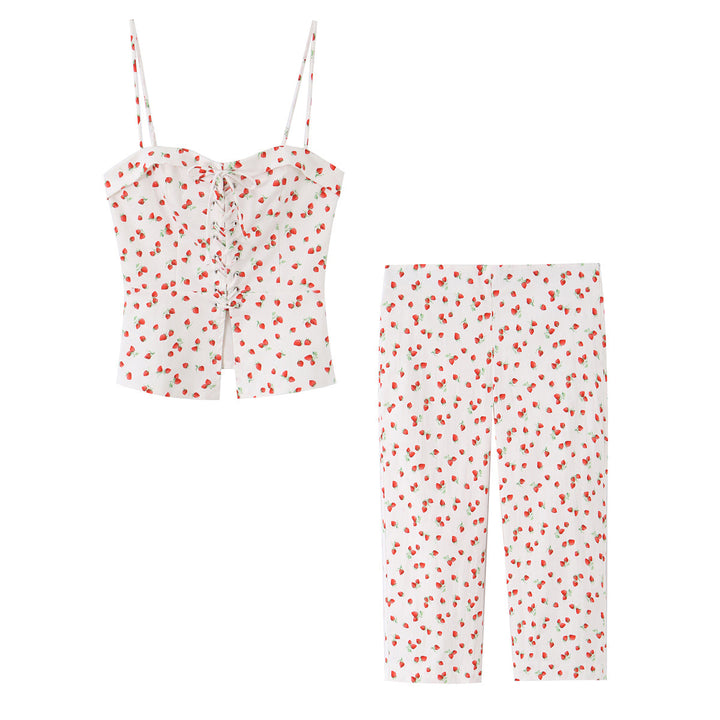 Damen Highwaist Cropped-Hose mit Erdbeer-Print und geradem Bein Drune