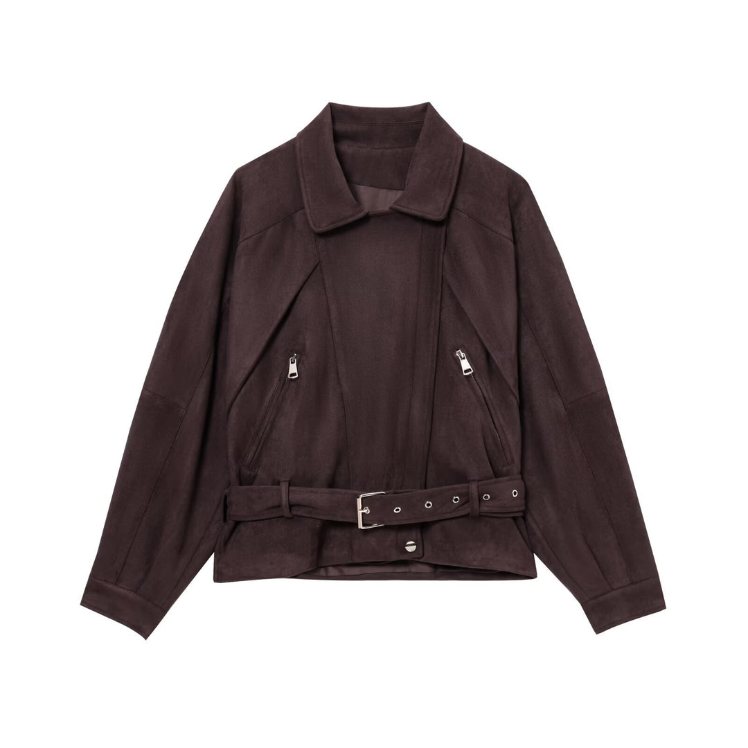 Damen Kurzjacke aus Veloursimitat mit Taillengürtel, kastigem Schnitt und Reißverschlusstaschen Drune