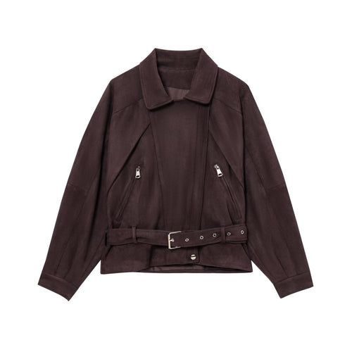 Damen Kurzjacke aus Veloursimitat mit Taillengürtel, kastigem Schnitt und Reißverschlusstaschen Drune