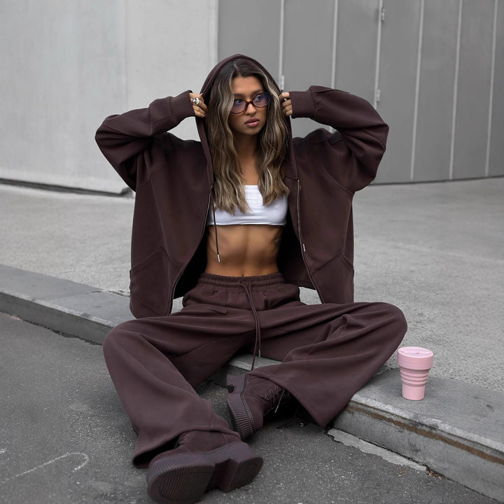 Damen bequeme und lässige Kapuzenjacke mit weitem Schnitt und passenden Jogginghosen Drune